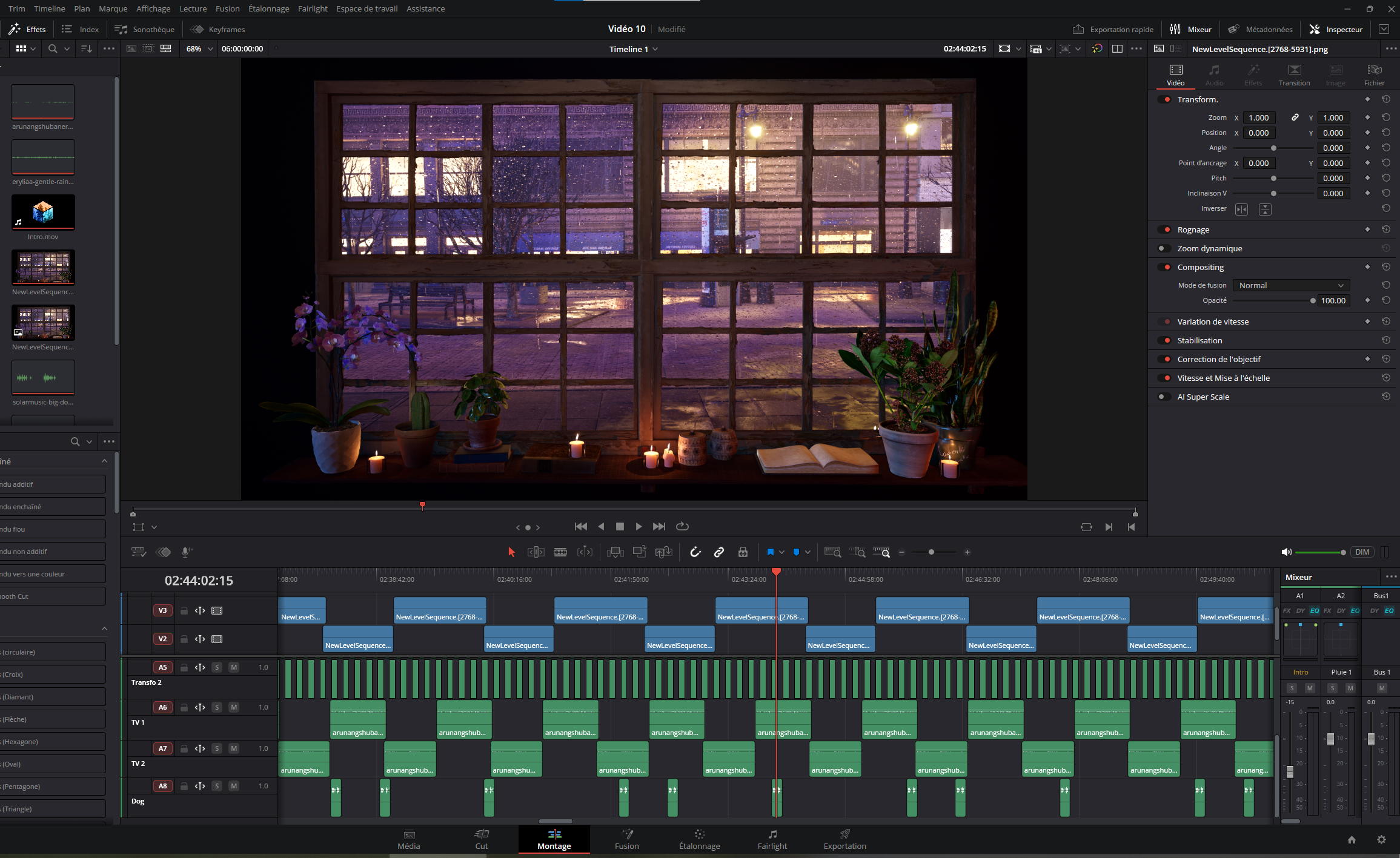 DaVinci Resolve setup showing the edit timeline and audio assembly for a Window Ambience Studio ambience scene