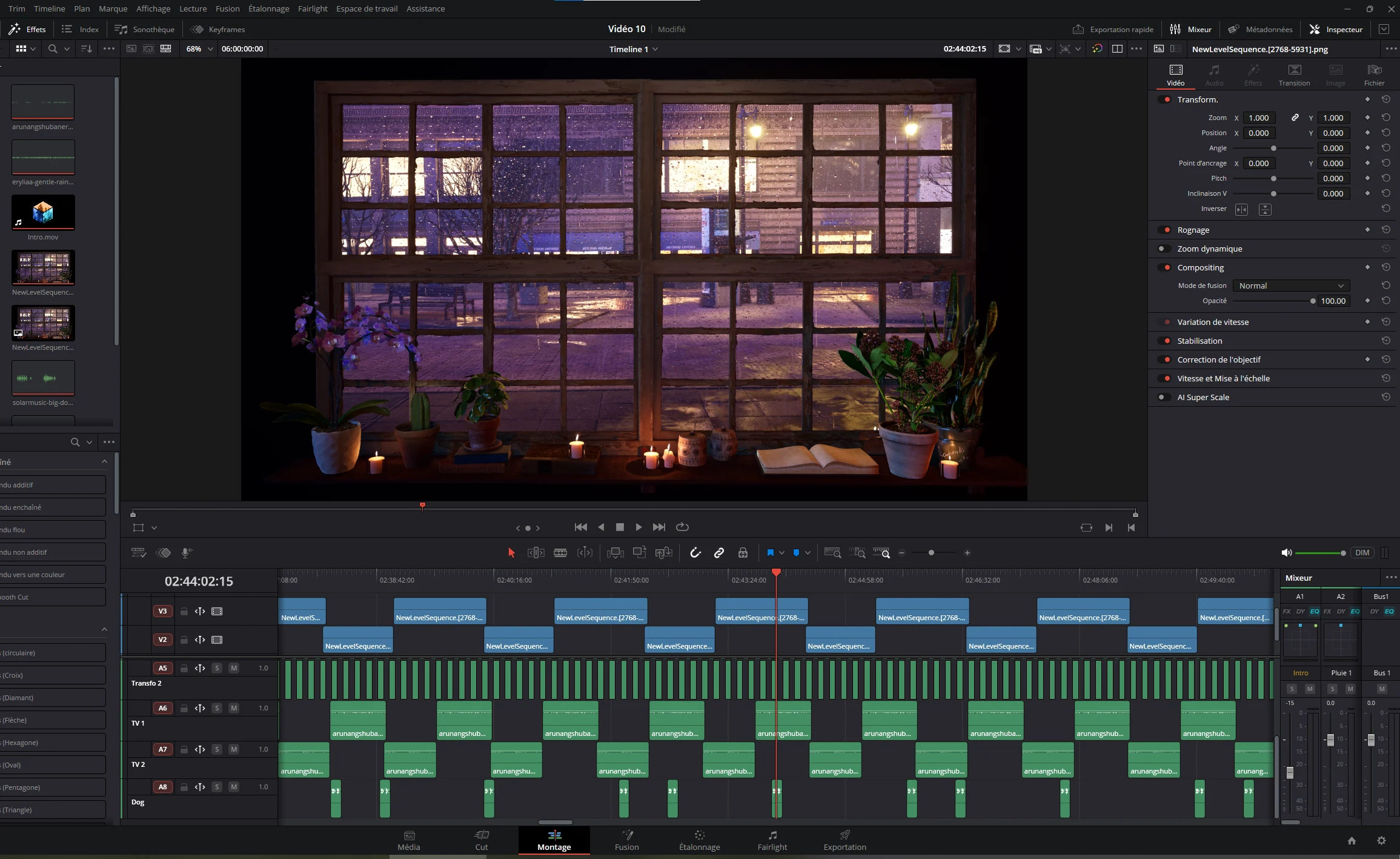 Capture du setup DaVinci Resolve montrant la timeline et l'assemblage audio d'une scène Window Ambience Studio