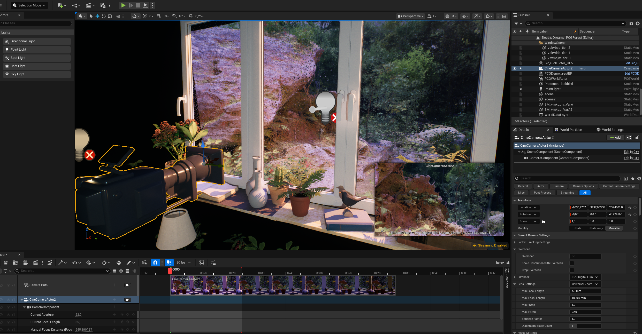 Unreal Engine scene setup showing a virtual window environment, lighting tools and the fixed camera used to compose an ambience video