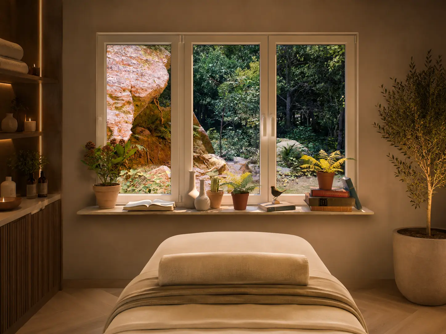 A spa treatment room using a screen as a calm virtual window view
