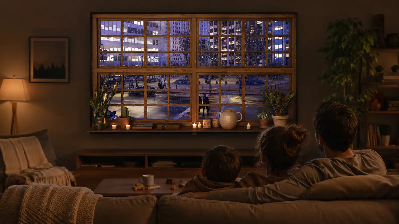 A family room TV used as a calm city window ambience background