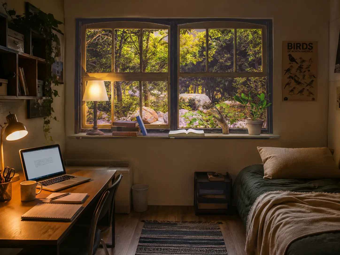 Chambre cosy avec un effet de fausse fenêtre affichant une vidéo d'ambiance calme sur un écran