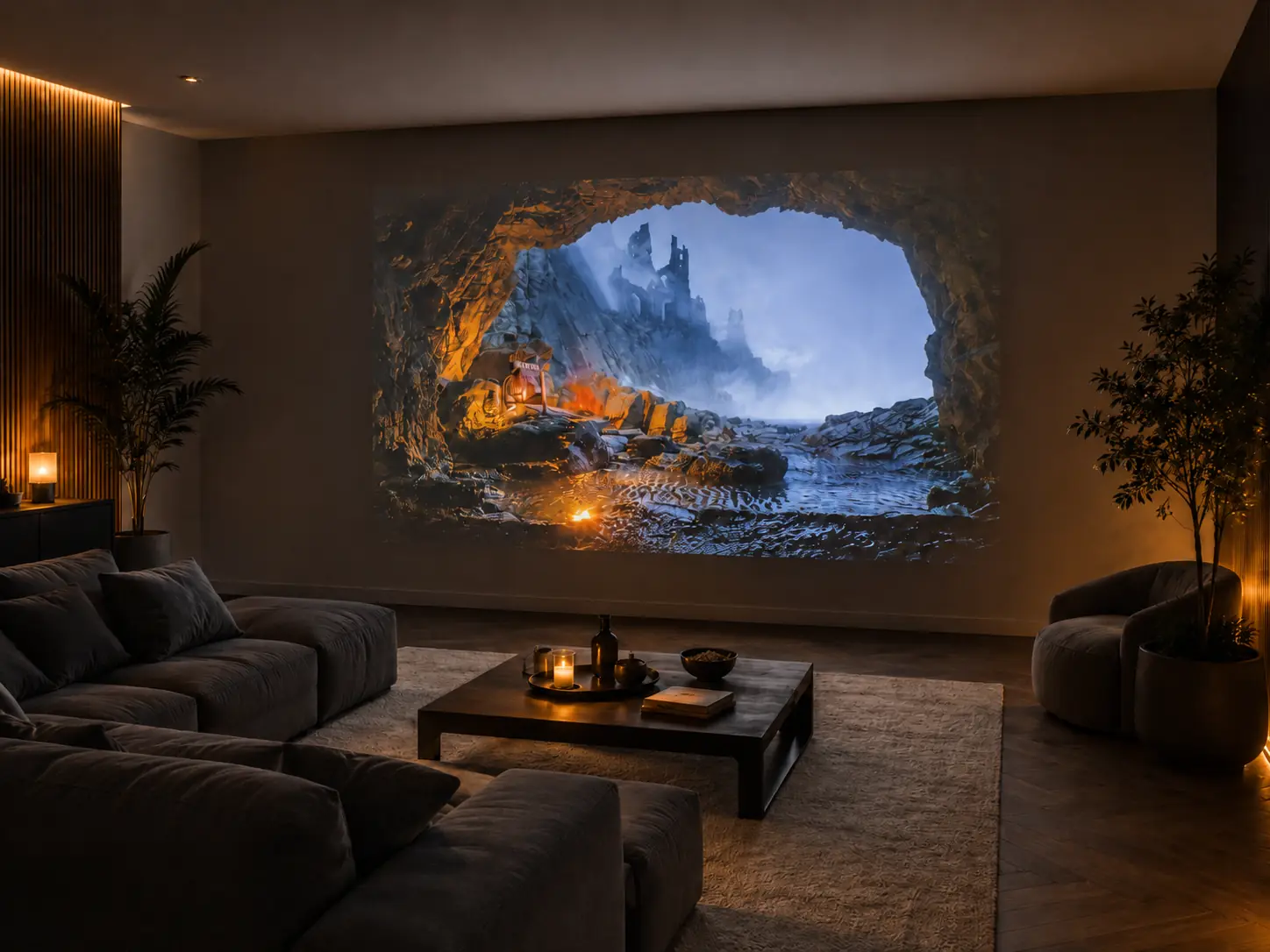 A realistic fake window effect created with a projector in a cozy room