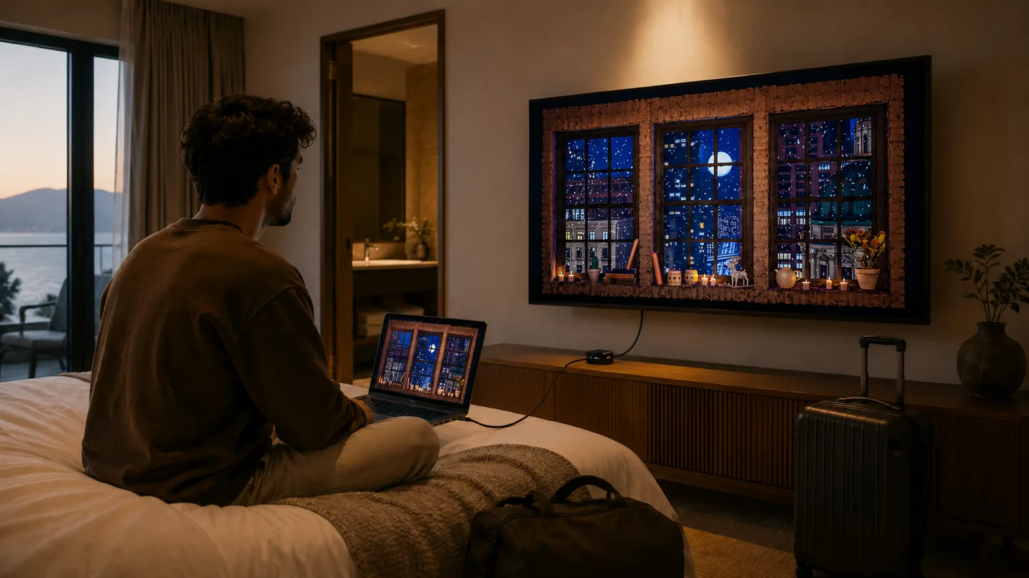 Une chambre d hotel ou Airbnb avec une TV reliee a un ordinateur portable et des bagages a cote