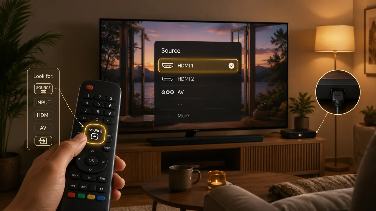 Une television avec le menu Source HDMI et une telecommande qui montre le bouton Source