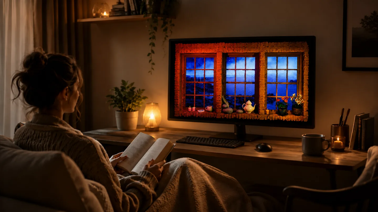 Une personne lit devant un moniteur qui affiche une fausse fenetre dans une piece calme