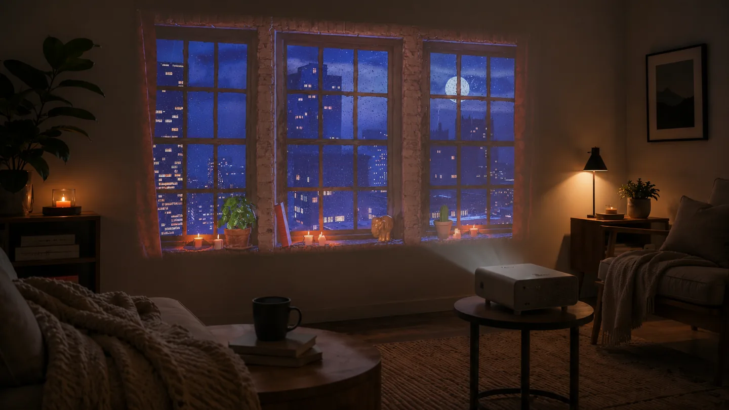 Un salon cosy avec un projecteur qui affiche une fausse fenetre nocturne sur le mur