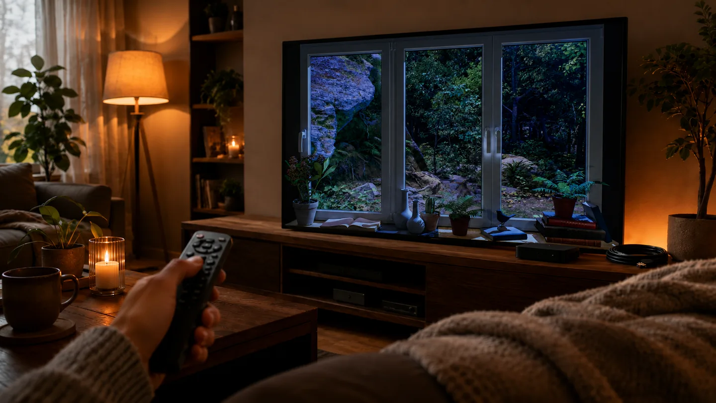 Un salon cosy avec une smart TV qui affiche une scène de fenêtre forestière