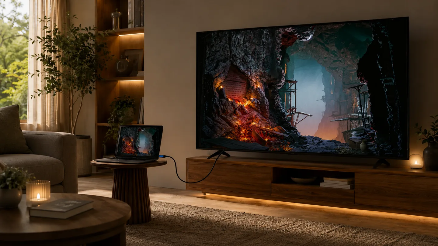 Un salon avec une TV classique reliée en HDMI à un ordinateur portable