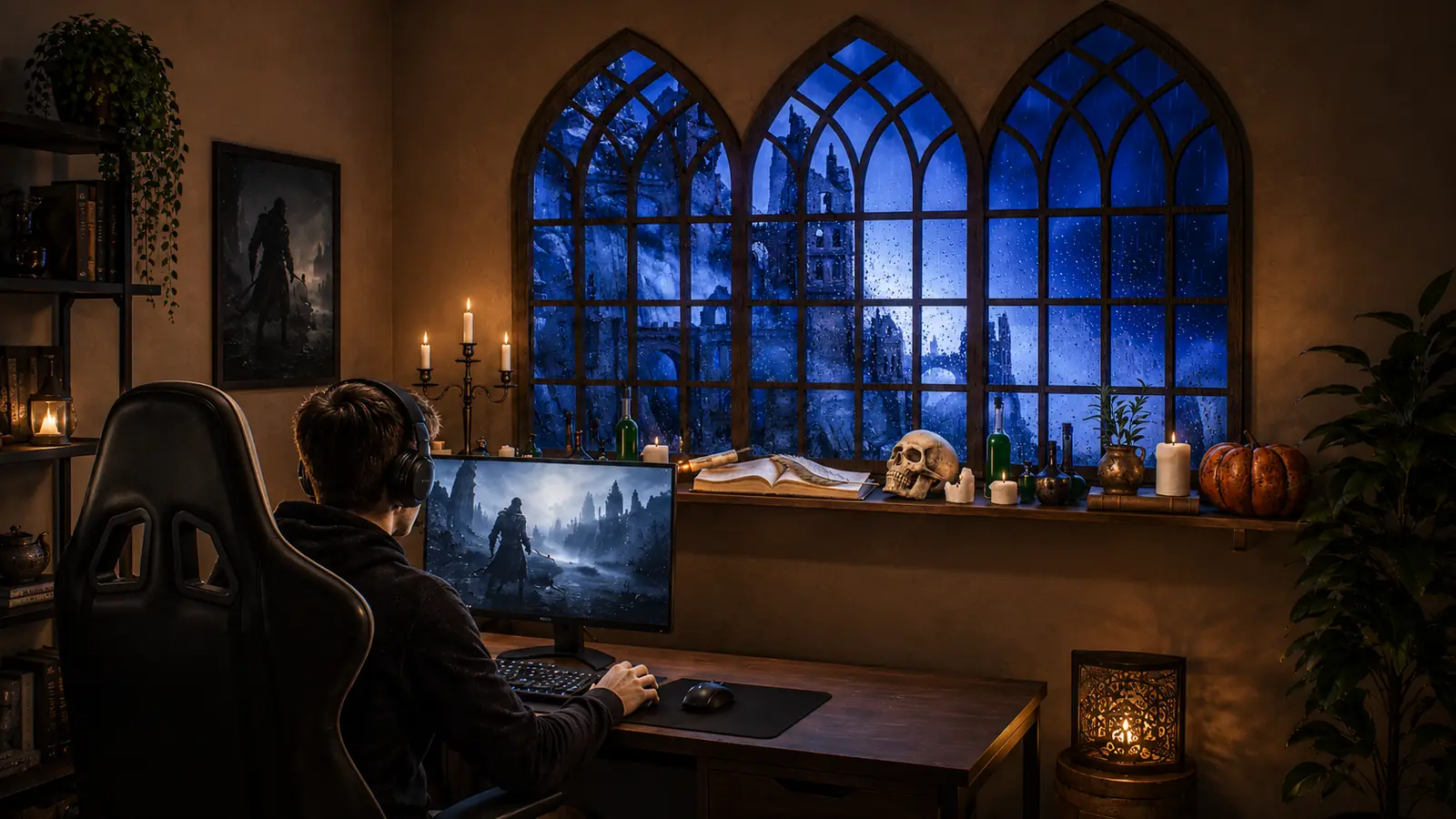 Bureau chaleureux avec une ambiance de fenêtre gothique affichée sur un moniteur