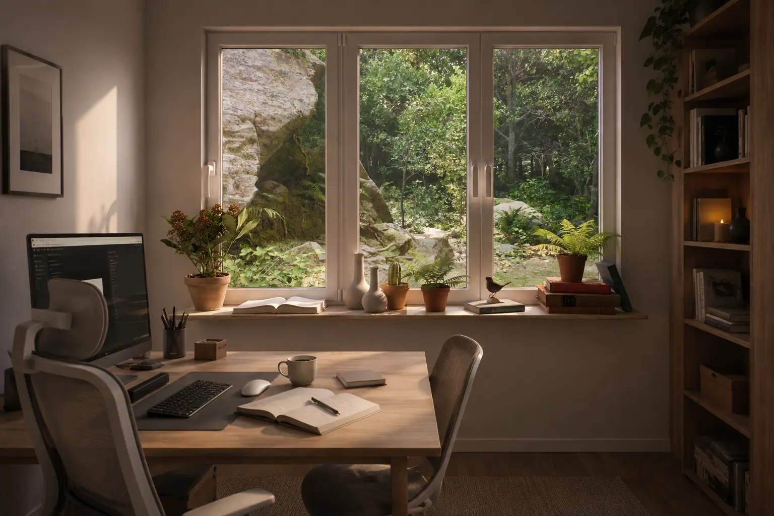 A calm home office using projector wall ambience to create a bright garden window effect