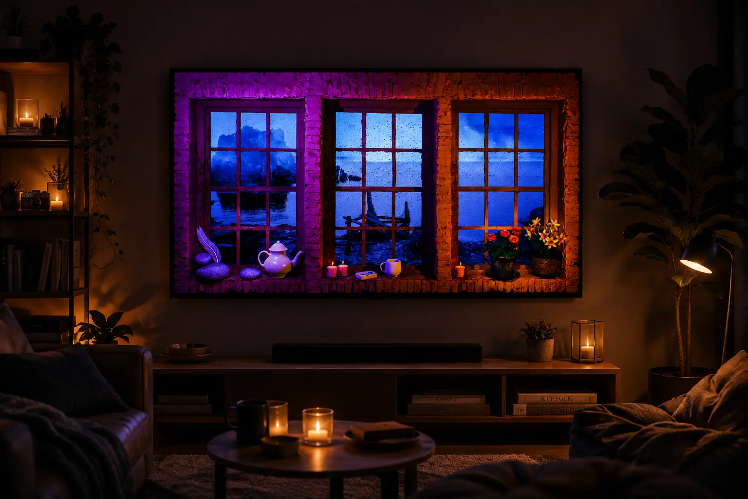 Salon cosy avec une TV affichant une fenêtre sous la pluie