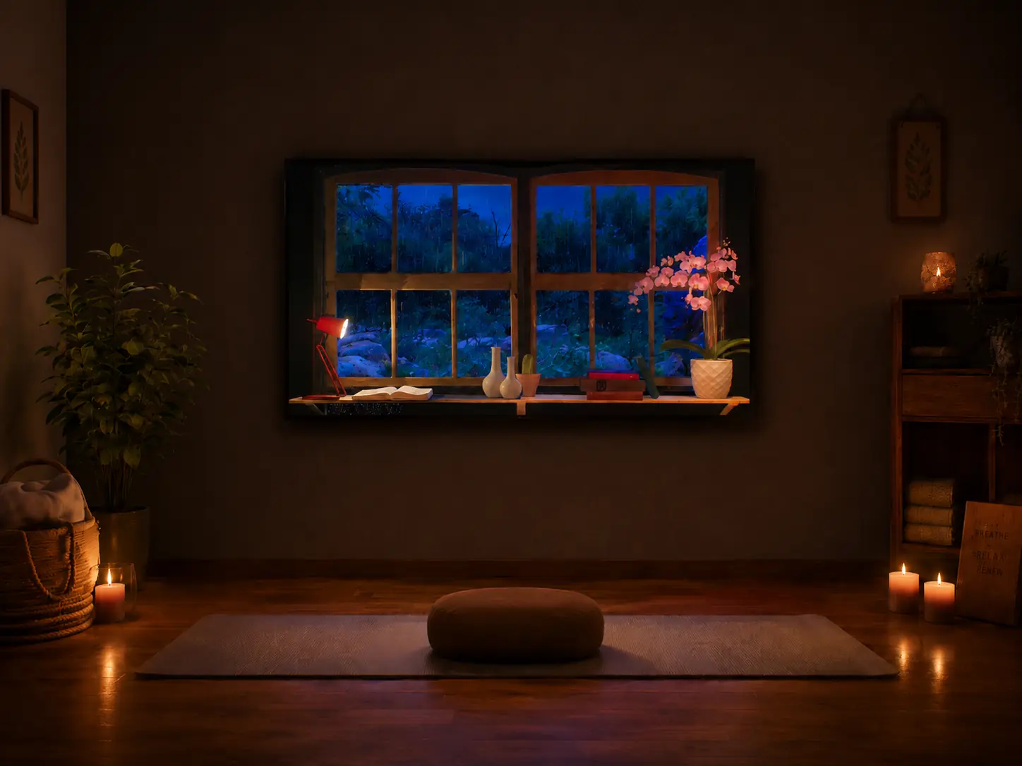 Une pièce calme avec un écran affichant une fenêtre pluvieuse comme vue virtuelle