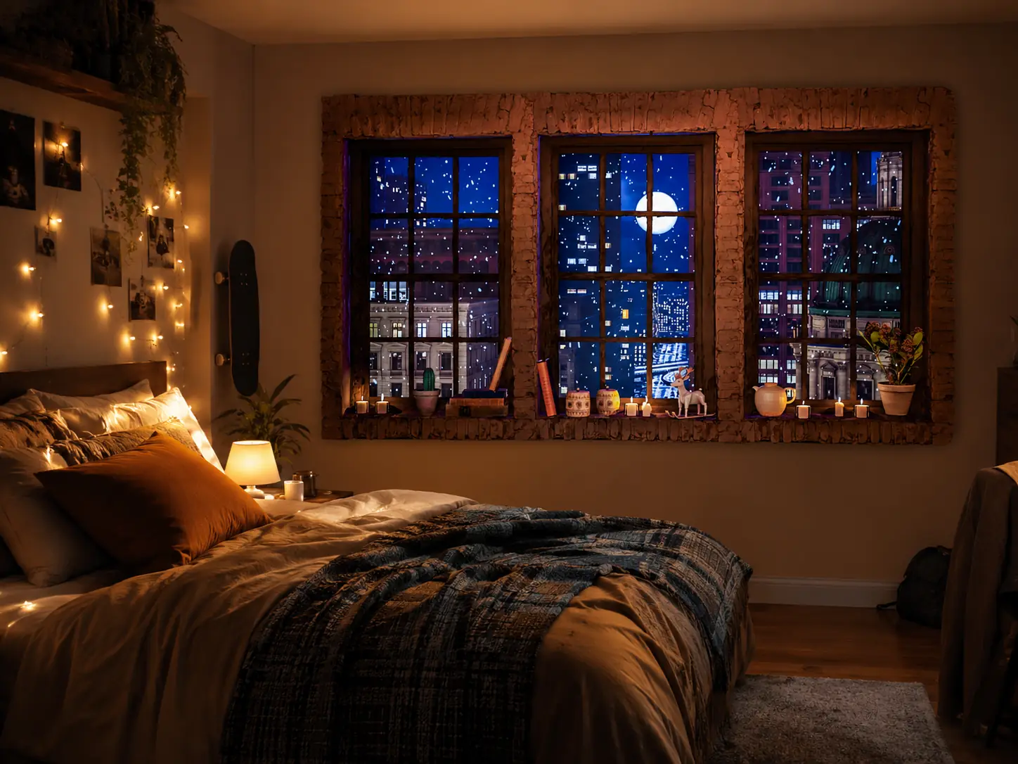 Une chambre chaleureuse utilisant une fenêtre virtuelle sur une ville enneigée la nuit