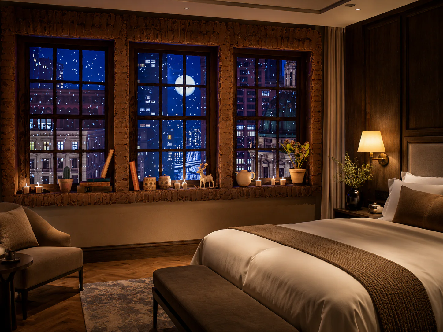 Hotel room using a virtual window ambience on a wall-mounted screen to soften a poor exterior view