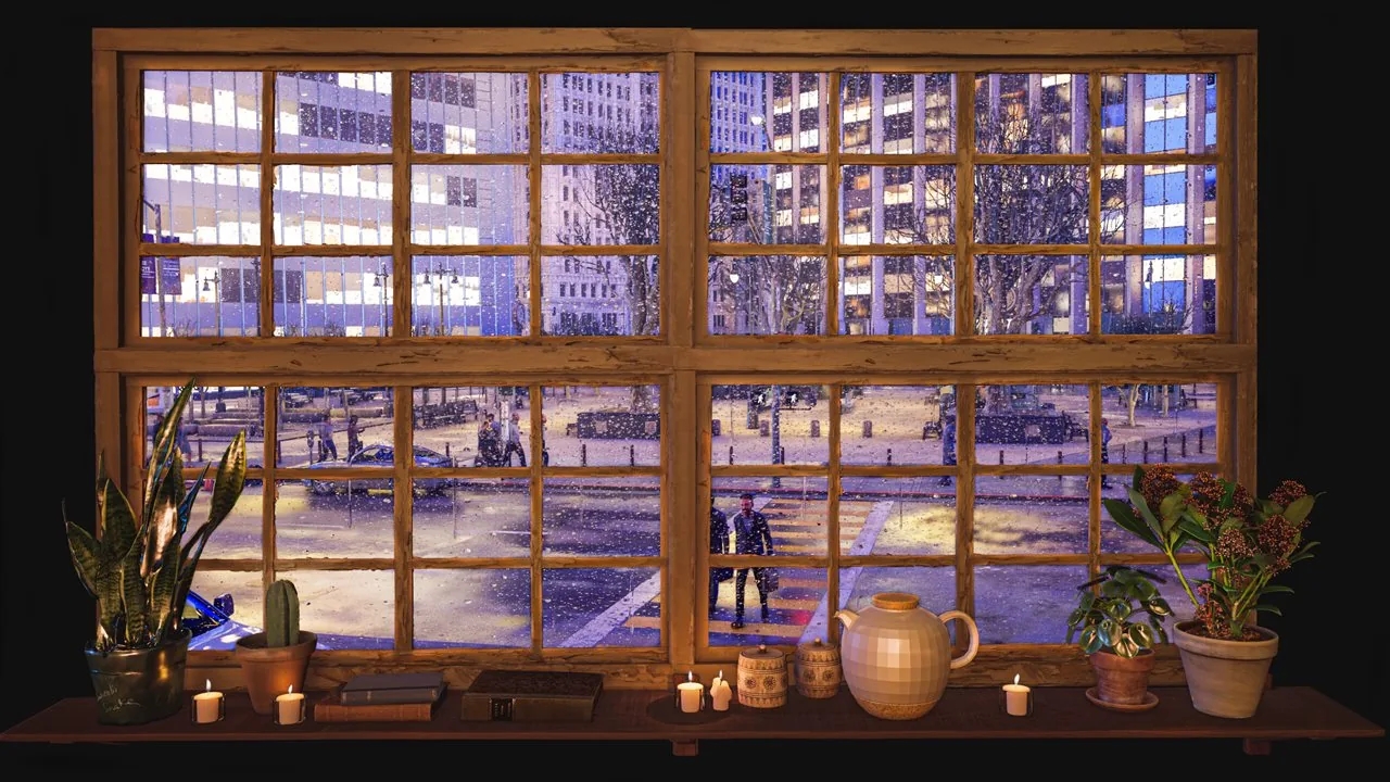 Rainy City Window with Fireplace Ambience ambience video thumbnail