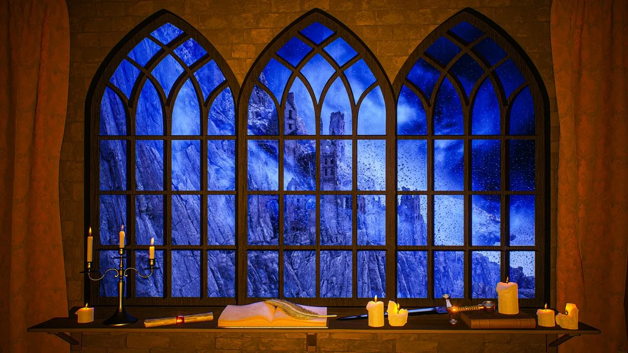 Rainy Gothic Castle Window scene for medieval ambience